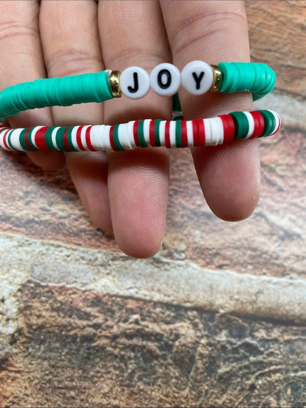 Kids Beaded Stretch Bracelet Set - Green & Red Striped
